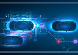 Autonomous smart car goes on the road in traffic. Scans the road, observe the distance. Future concept. Autonomous car. Driverless car. Driving vehicle. Future concepts. Road scanning, projection.